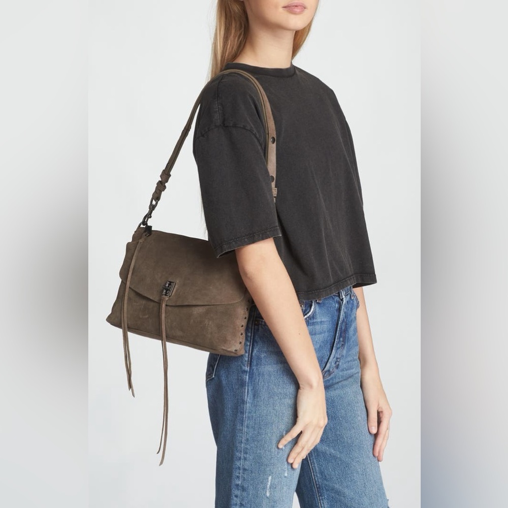 Rebecca Minkoff Darren Top Zip Shoulder Bag – Taupe Suede Leather Retail $350